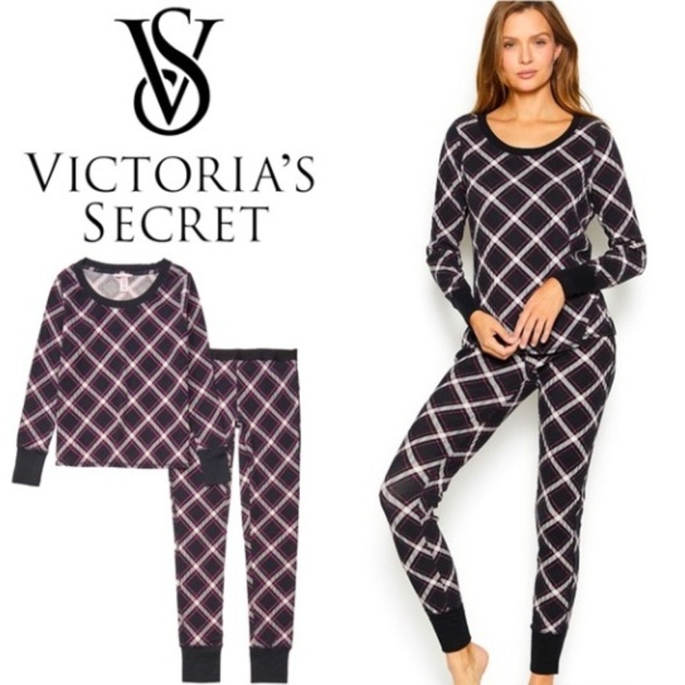 Victorias Secret Thermal Pajama Set Long Sleeve Top Pants Pink Plaid Print Small